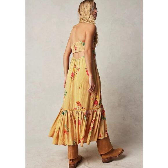 Free People Midi Sundress Strappy Sz XL Yellow Floral Rosie Posie Ruffle Lined - Picture 14 of 16